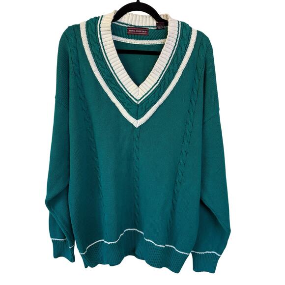 Vintage Teal Cableknit Academia Sweater College Preppy Knit Tennis V-Neck XXL - Picture 1 of 7